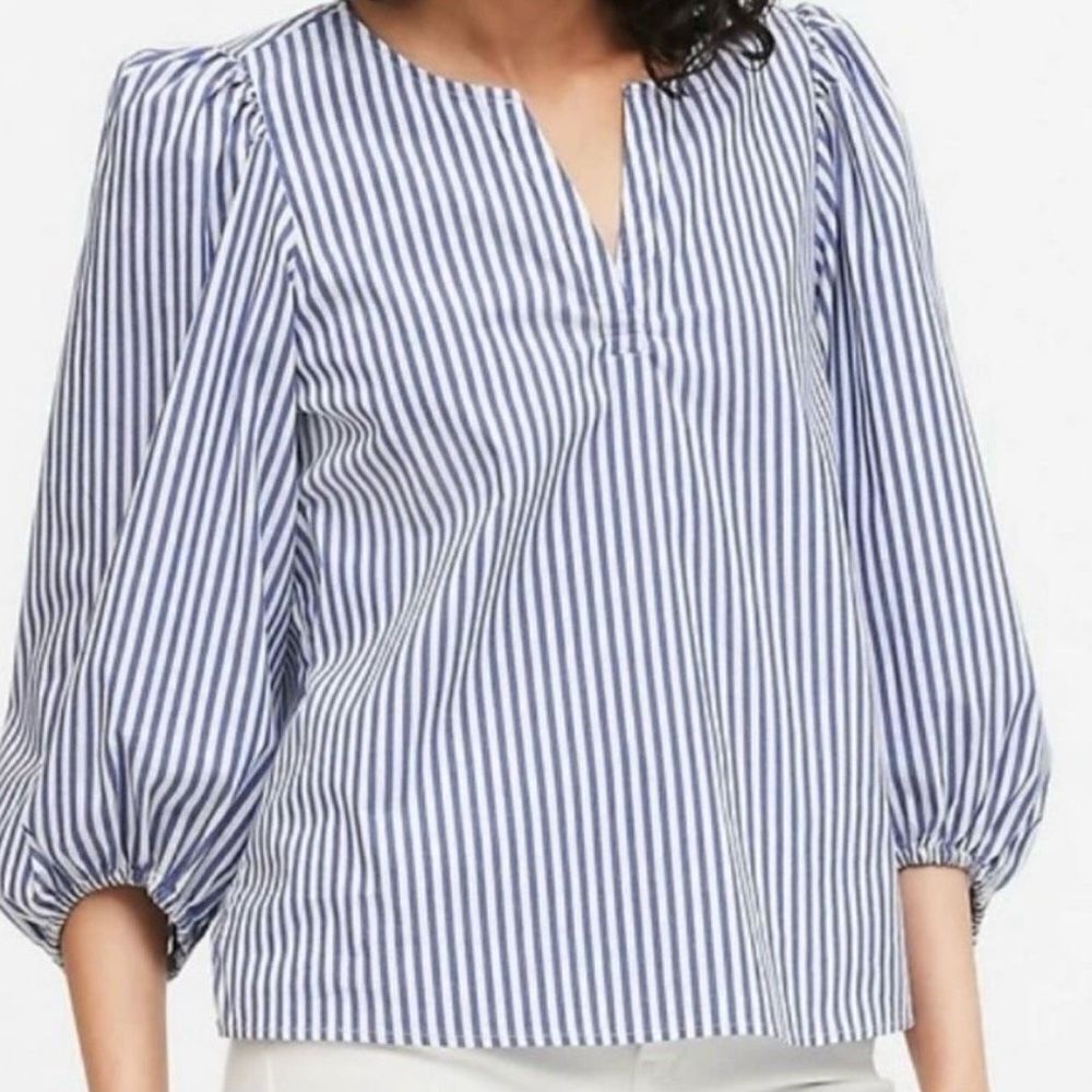 EUC Banana Republic Striped Balloon-Sleeve Cotton Poplin Top